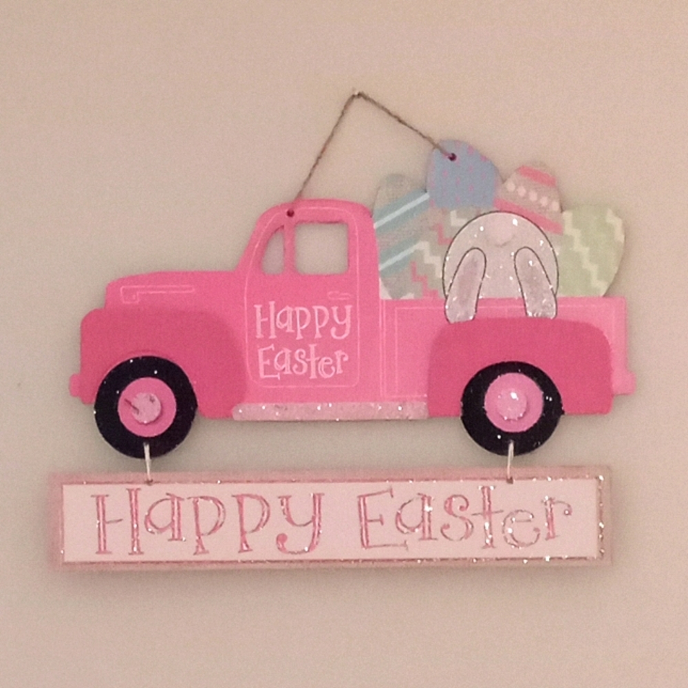 All🐥3/$25 🐰 Pink Truck & Bunny "Happy Easter" Wooden Easter Wall Art Decor NWT